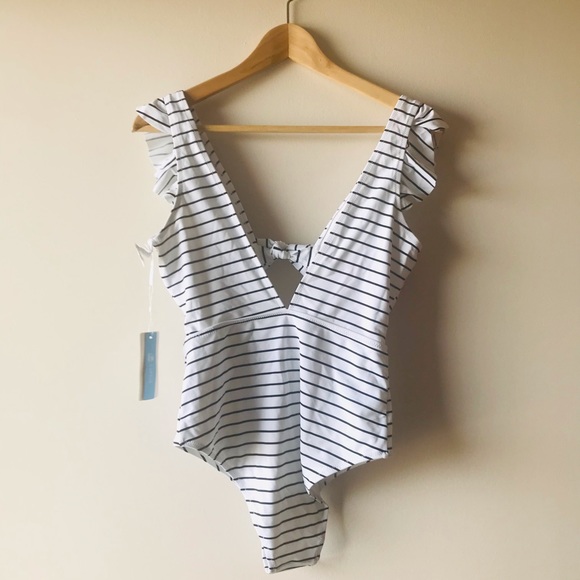 NWOT black and white striped ruffle one piece bathing suit - Picture 7 of 8